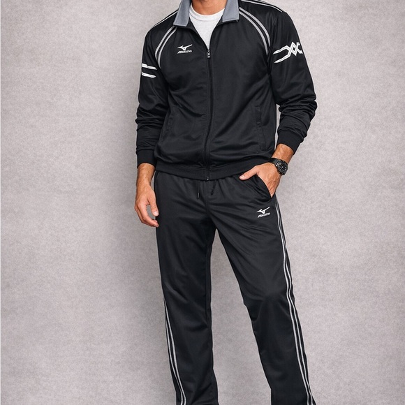 Mizuno Black Track Suit Set Men’s Large Athletic Jacket & Pants Warm Up Jogger! - Picture 2 of 7